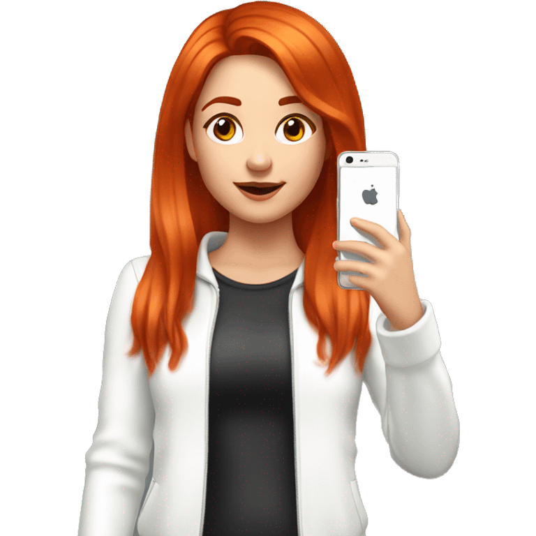 21-Year girl taking selfie in front of mirror. She has straight bright red hair. The length of her hair is up to shoulders, she wears white body suite and white jacket. She has phone in her hand. Phone has brown case and it's located on her face level emoji