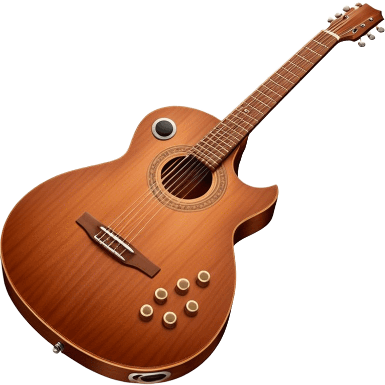 Cinematic Realistic Guitar, smooth mahogany body with intricate wood grain, steel strings reflecting soft light, gentle hand positioning on the fretboard, glowing with warmth and musical soul. emoji