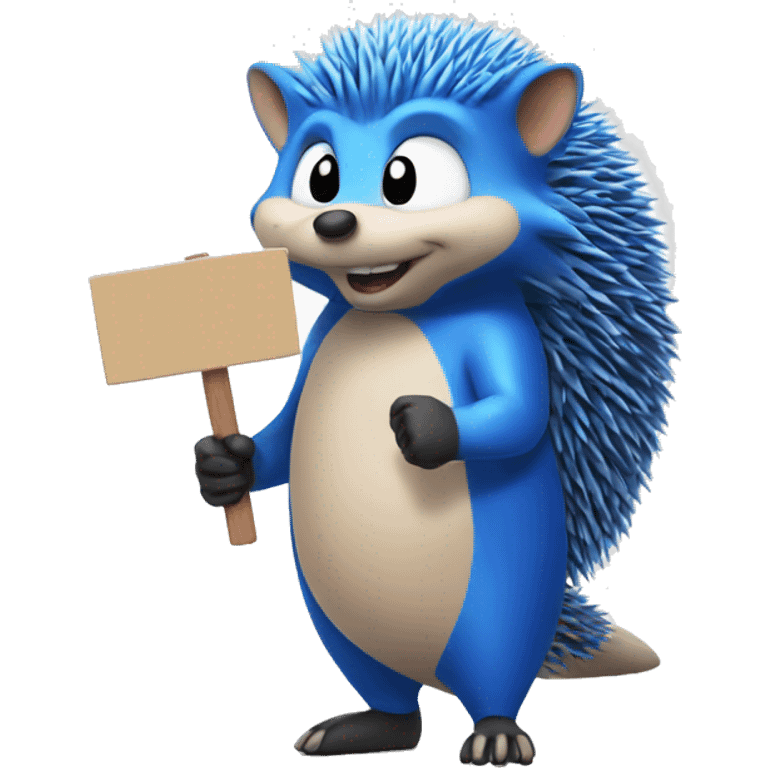 blue hedgehog, holding a sign emoji