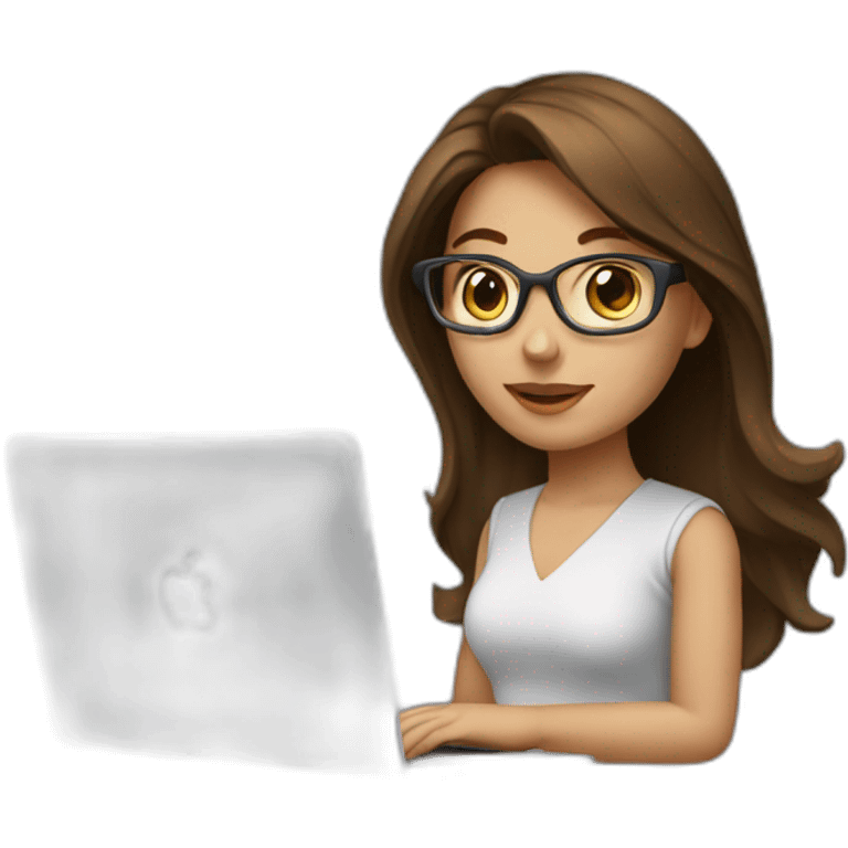 Beautiful programmer girl with brown hair working with MacBook emoji