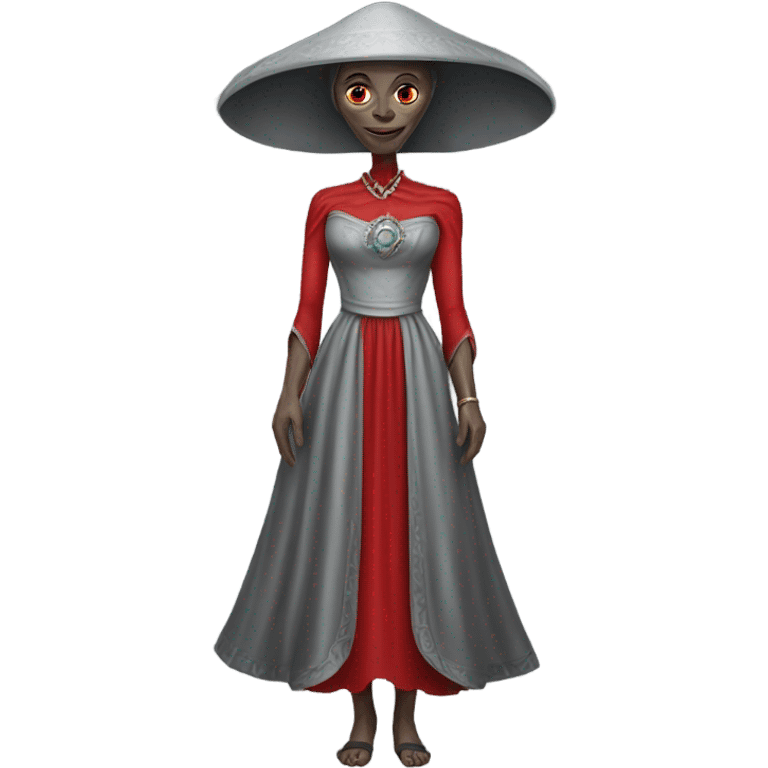 a gray alien woman, full body, in red Romanov dress emoji