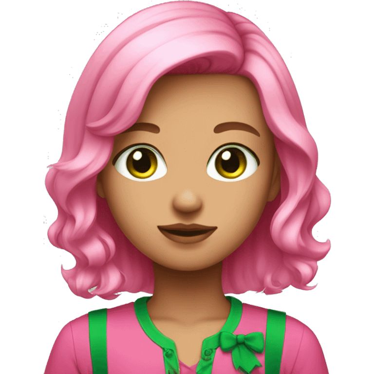 Cute girl with pink medium length hair and green eyes, hot pink shirt emoji