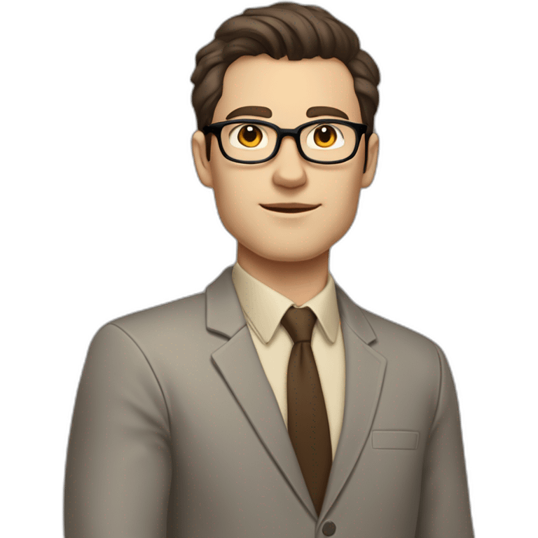 Full height Pale skinned fit man with dark brown hair in gray jacket, beige office shirt, brown tie, brown pants and vintage glasses. His right hand stretched out emoji