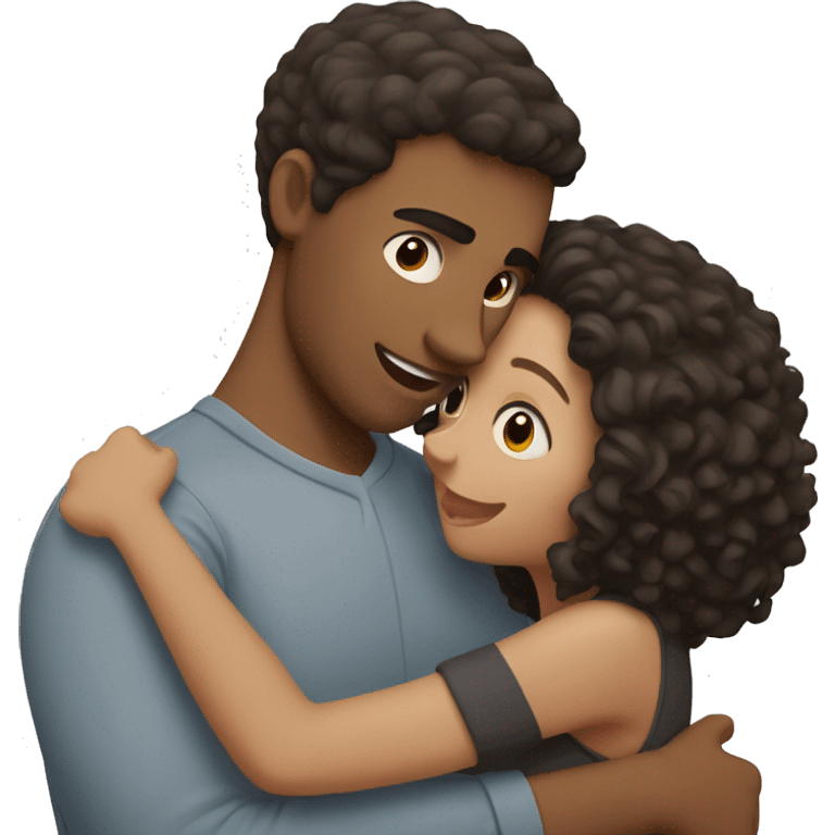 brown hair girl hugging man with short curly black hair emoji