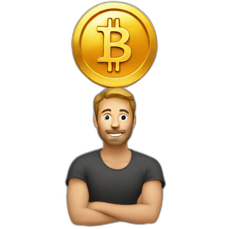 Man holding bitcoin above his head emoji