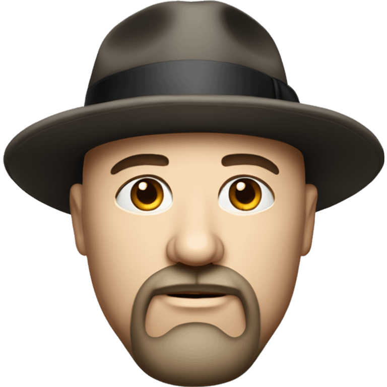 Photorealistic serious A plump bald man of Slavic appearance with a goatee beard and mustache, wearing a fedora hat emoji