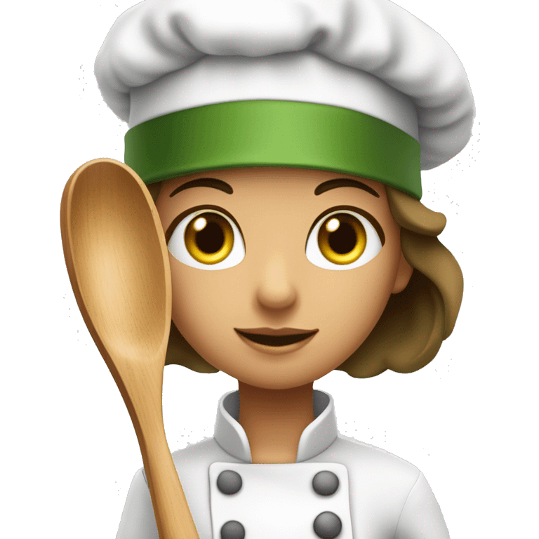 Brownhir and moss green eyes girl is a sporty girl an she is wearing a chef hat and holding a wooden spoon emoji