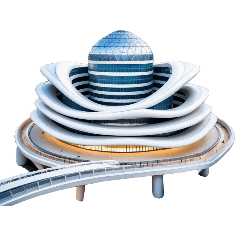 Realistic Dongdaemun Design Plaza (DDP) Landmark Emoji, featuring the iconic curving silver structure with futuristic architecture, illuminated pathways, and a sleek modern design set against the Seoul cityscape. emoji