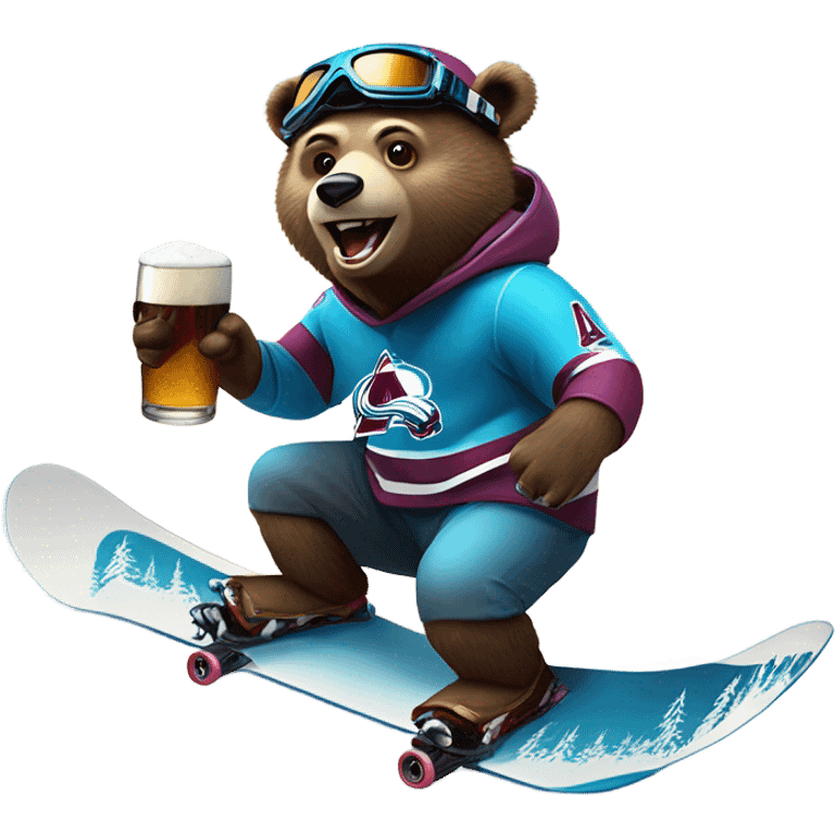 snowboard bear with helmet and goggles in colorado avalanche jersey doing insane tricks while holding a beer emoji