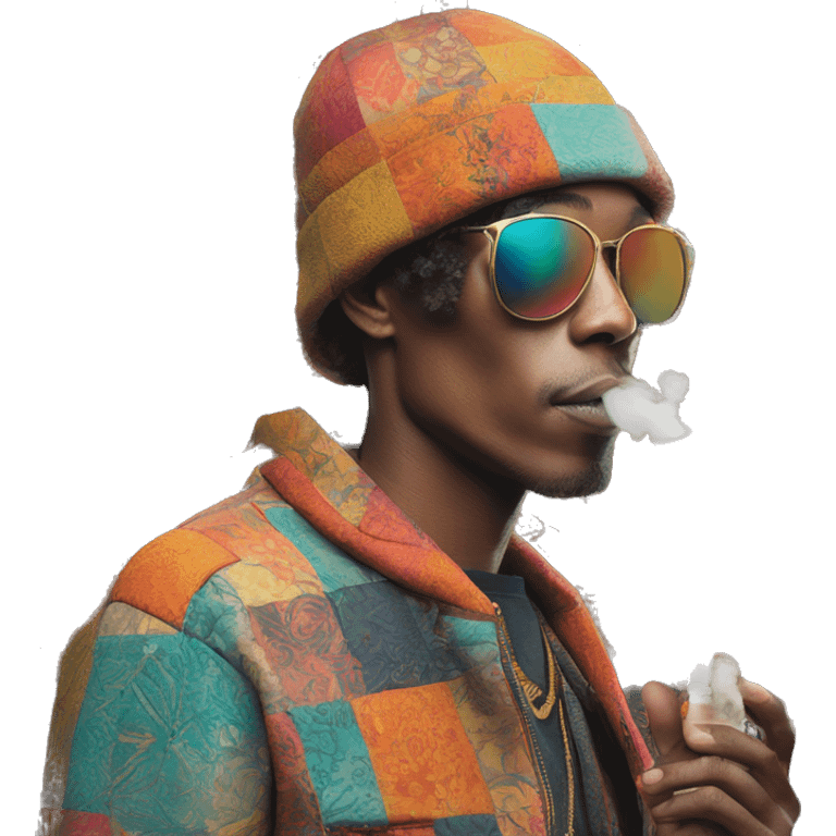 Person vaping wearing a colourful patchwork of intricate vintage patterns, vape emoji