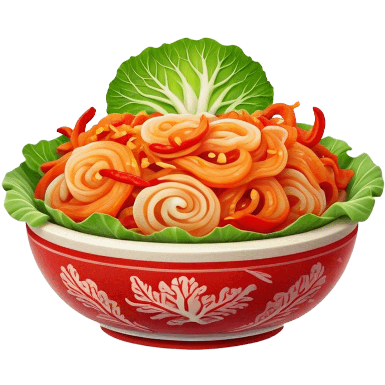 Cinematic Realistic Kimchi Dish Emoji, depicted as a vibrant fermented cabbage dish with a spicy kick rendered with detailed textures and dynamic, appetizing lighting. emoji