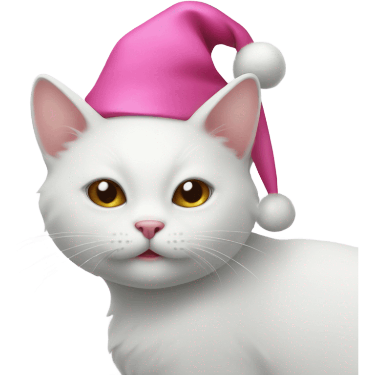 White cat with a pink nose wearing a Santa hat emoji