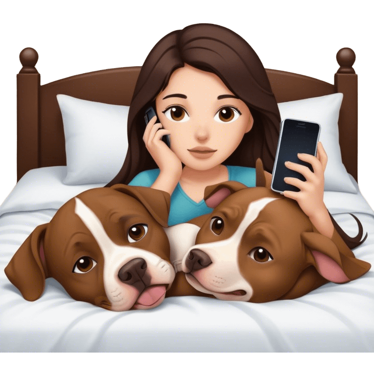 Girl long dark brown hair in layers cascading  down her face lays bed with her cell phone and her brown pit bull lays guarding her emoji