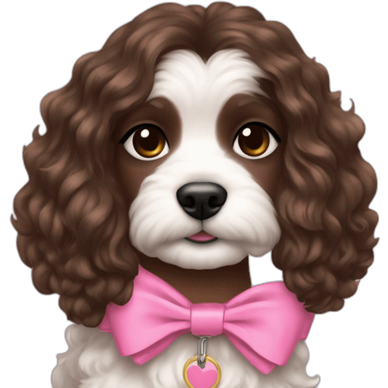 brunette Kendall Jenner with long hair holding white maltipoo in pink collar emoji