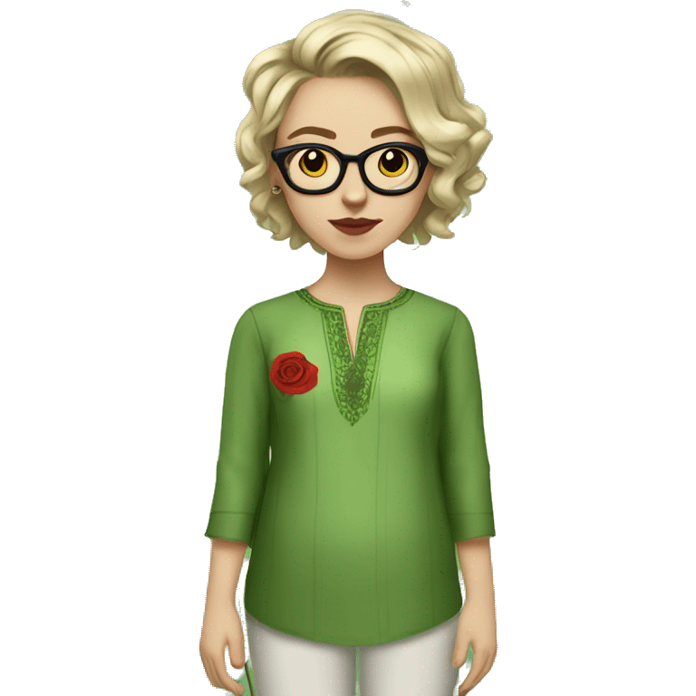 White girl in a green kurta with flower design, glasses, alot of piercing, gay, red lips, nose ring, full body, teen, short straight edgar hair,  emoji