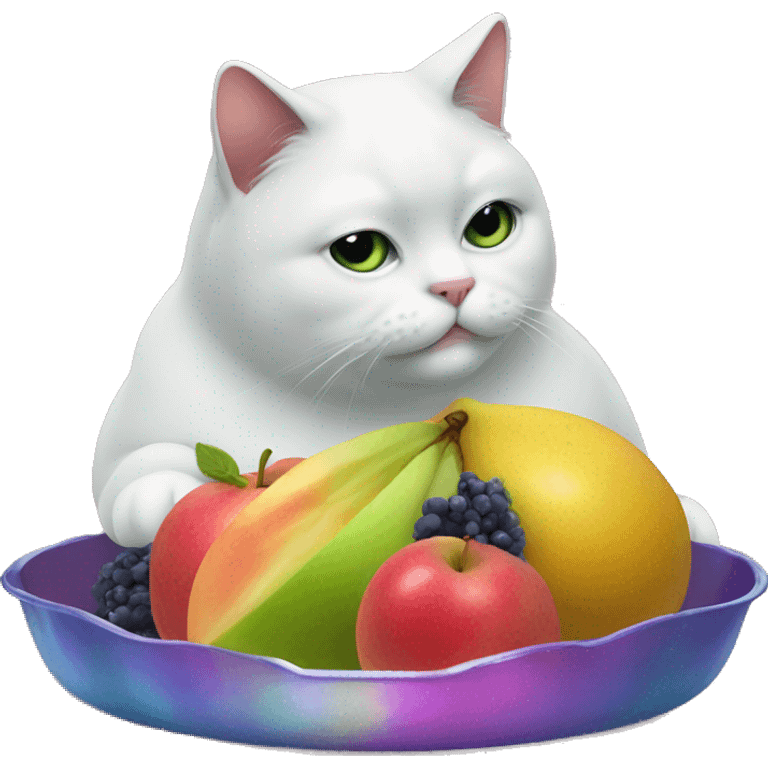 Fat Cat eating a iridescent fruit tray emoji