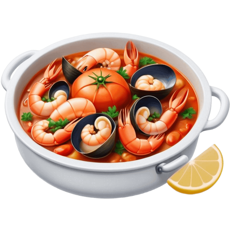 Cinematic Realistic Buzara Seafood Dish Emoji, depicted as a rustic, flavorful seafood stew with shellfish rendered with rich textures and dynamic, maritime lighting. emoji