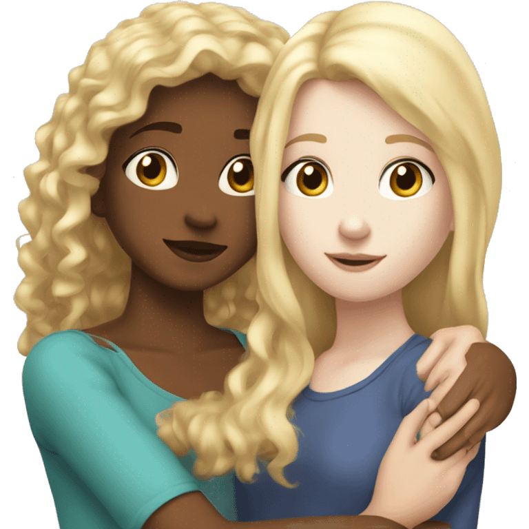 Girl adult with blond straight hair and white skin hugging teenage girl with pale white skin and brown curly hair emoji