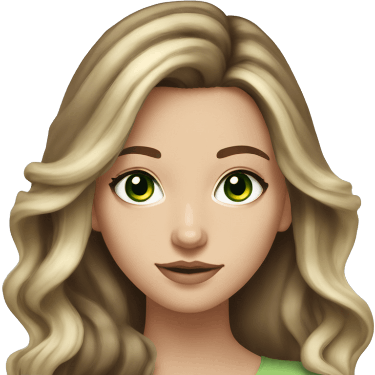 White girl with green eyes with long voluminous brown hair with blonde highlights balayage emoji