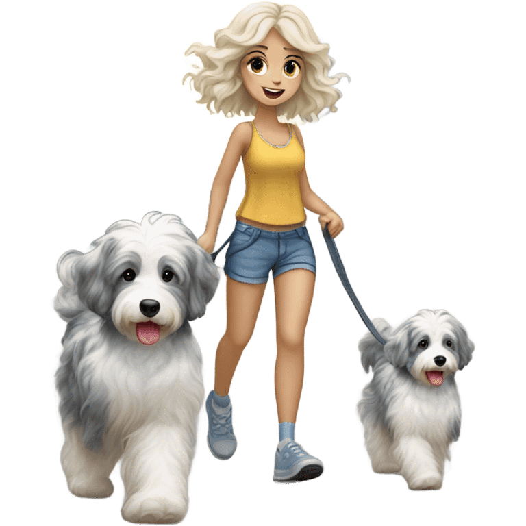 Blonde girl walking blue Merle aussiedoodle  emoji