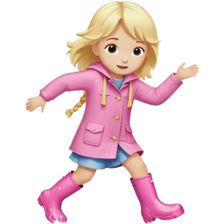 Blonde little girl in light pink rain boots splashing in water emoji