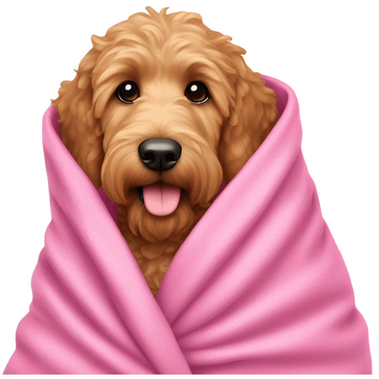 Golden doodle dog wrapped in a pink blanket emoji