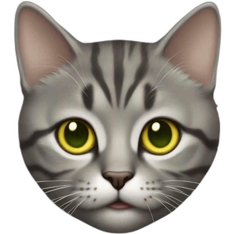 american short hair cat- tabby- a little bit fat- green yellow eyes- the distances between eyes is a little bit far- gray hair fluffy emoji