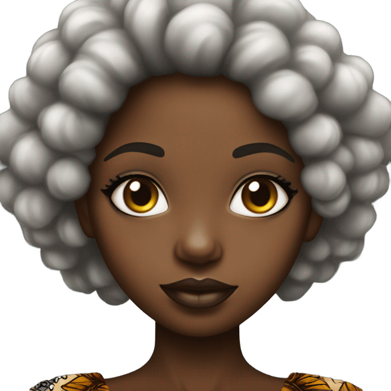 An African girl with a thick dark brown afro in an African print dress and has beautiful big lips with gloss emoji