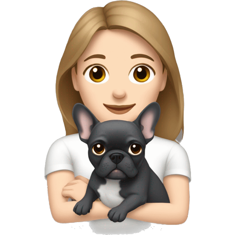 light brown hair woman hugging a dark gray french bulldog emoji