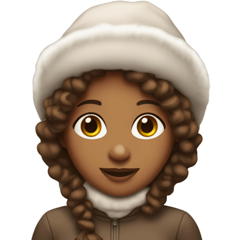 Brown girl with curly long brown  hair with a snow hat and gloves  emoji