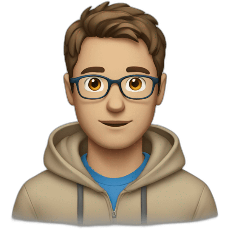 Man with blue eyes, brown hair and glasses wearing a beige hoodie emoji