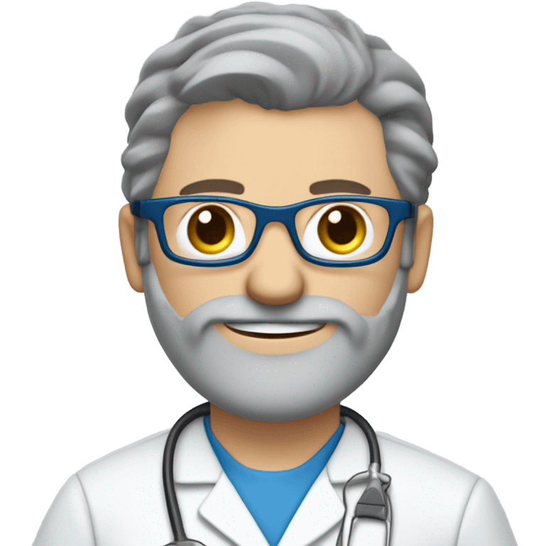 male dark blond doctor with grey beard with hazel eyes and small wire-rimmed glasses in blue scrubs holding a paintbrush and saw emoji