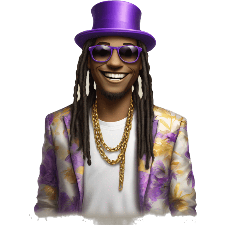 A charismatic figure in a purple top hat, floral jacket, sunglasses, and gold-toothed grin. Long dreads, white tee, and chain complete the look. Fun and approachable, they’re pure party energy. emoji