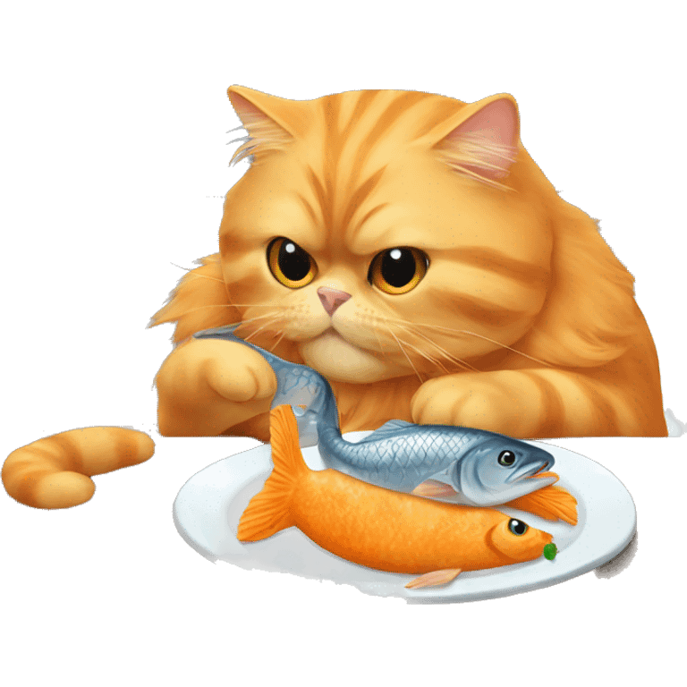 Orange persian cat eating a fish emoji