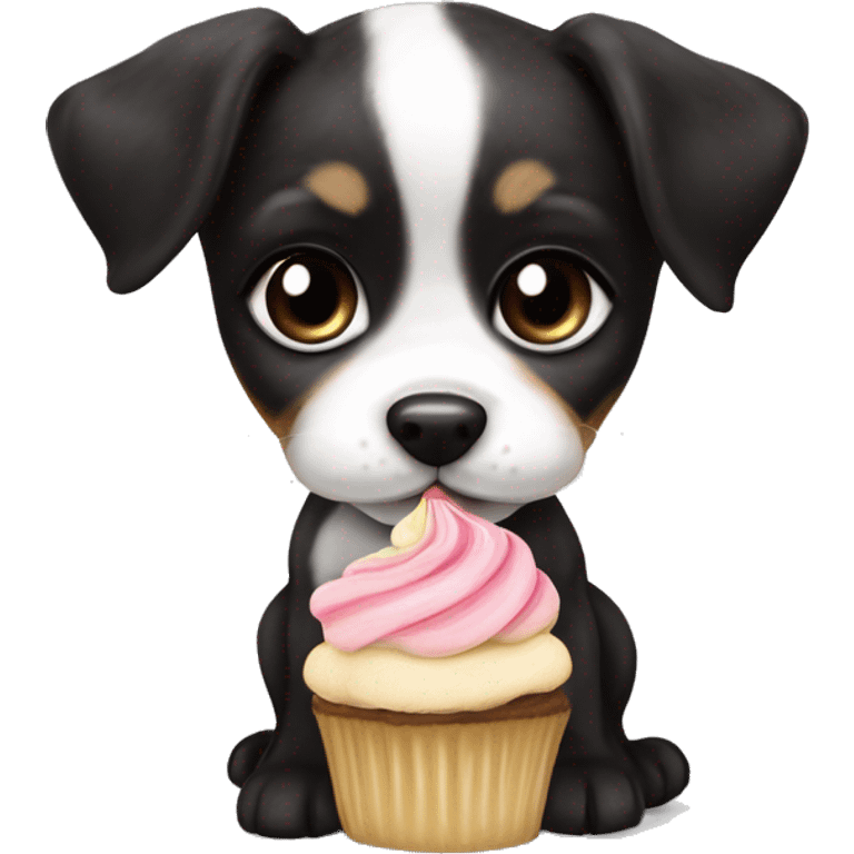 Cute big eyed Black and white girl teddy Roosevelt terrier puppy runt (no brown) eating a cupcake emoji