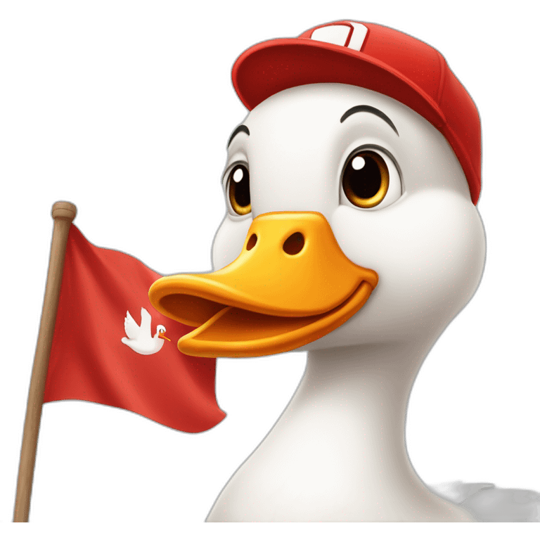 White goose wearing a red baseball cap and,bow tie on neck, holding big red flag emoji