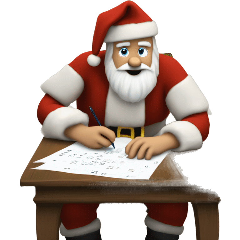 White Father Christmas is sitting on a desk, writing something down on a sheet of paper, solving complicated math puzzles, you can see the math tasks/ exercises emoji