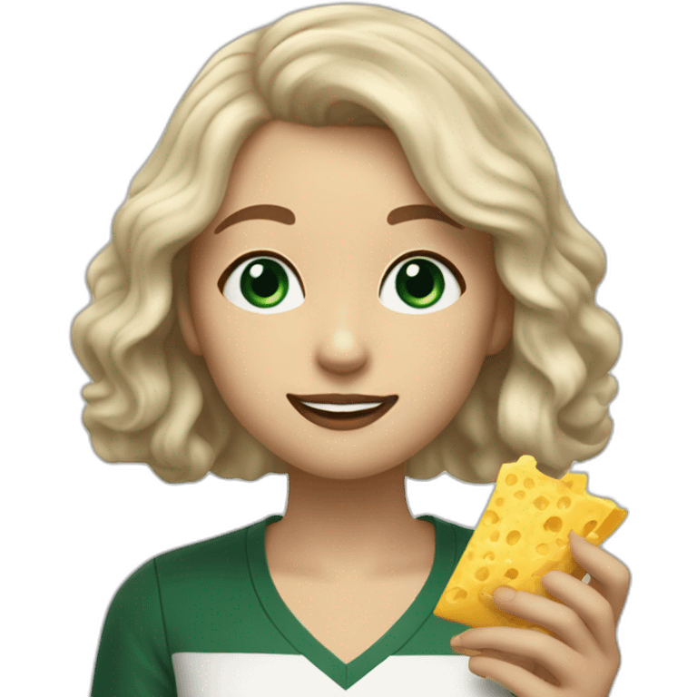 Slytherin girl with short wavy ash blonde bob hair and blue eyes eating chips and cheese emoji