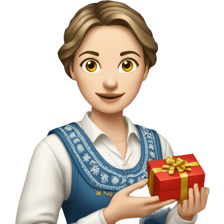 A female teacher in Ukrainian embroidery holds a gift in her hand emoji