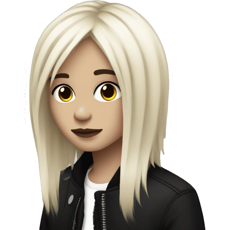 darker pale skin, black layered shag hair, emo emoji