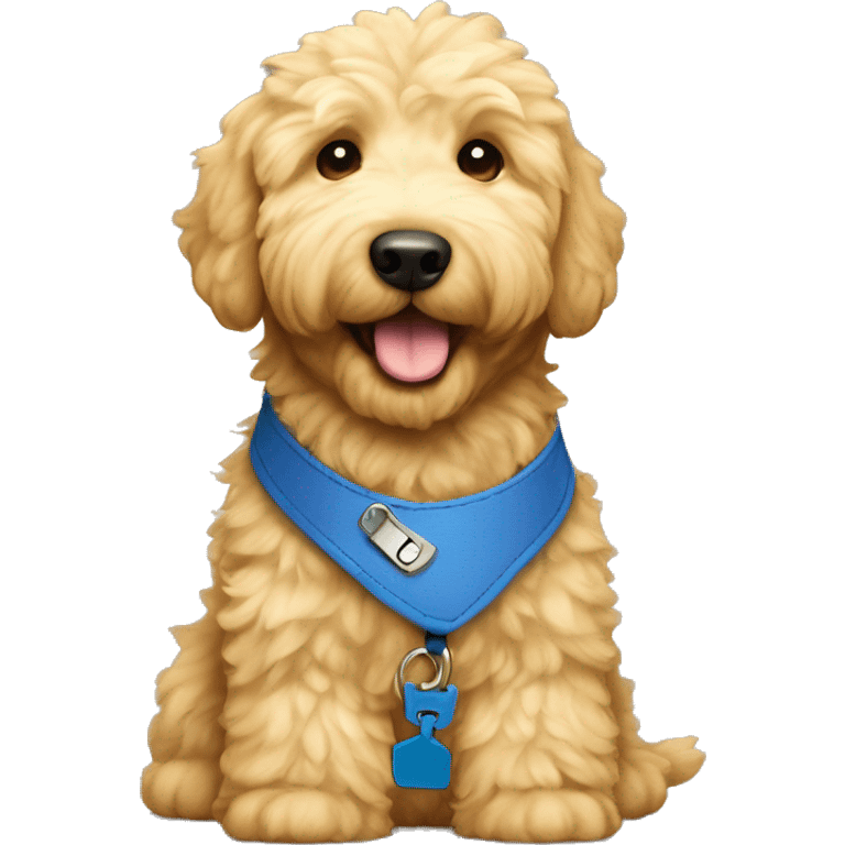 Light fur Golden doodle with blue collar and yellow tag emoji