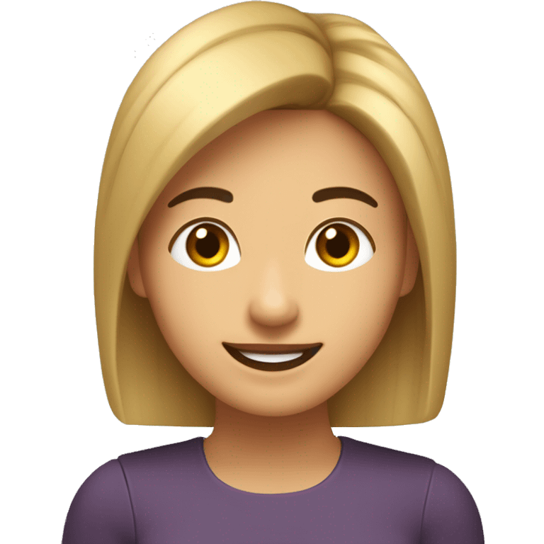 Mujer caucásica, melena castaña a la altura del hombro, flequillo recto, ojos castaños, sonriente, con hoyuelos emoji