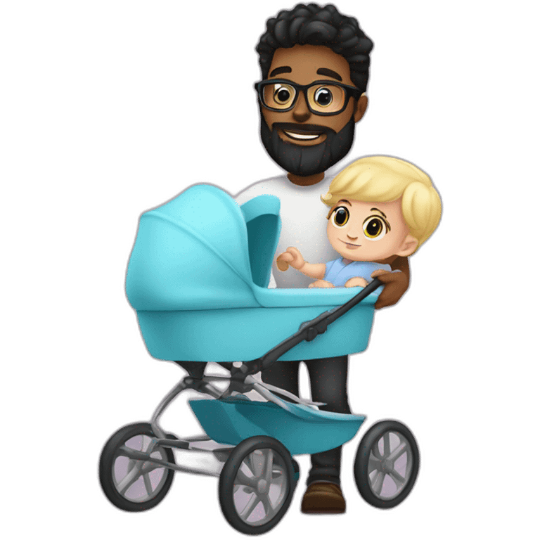 Black haired man with beard and glasses pushing buggy with blonde baby emoji