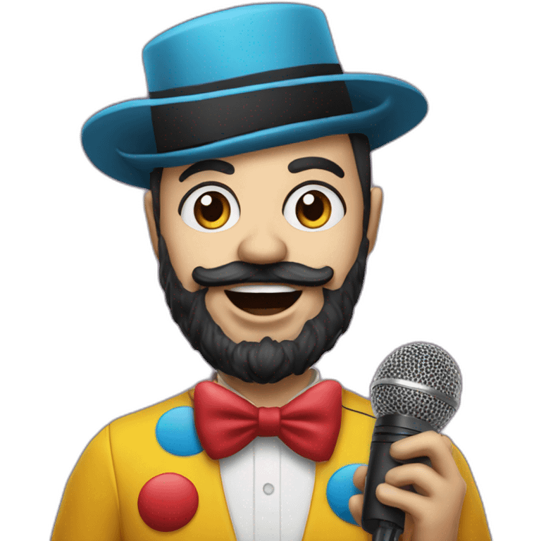 radio presenter with black beard and with a microphone on his hand dressed as a silly clown emoji