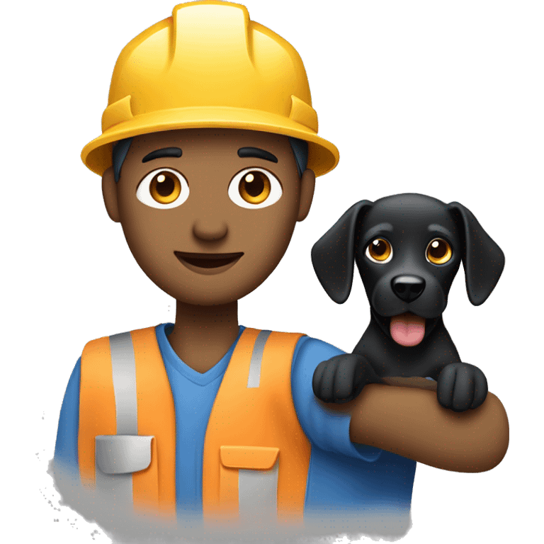 Bold male construction worker wearing a hat and blue work wear Holding a little black dog on his arm emoji