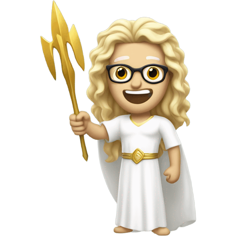 white Poseidon with gold Trident and glasses. long hair white dress. smile . eye wink. point us with index emoji