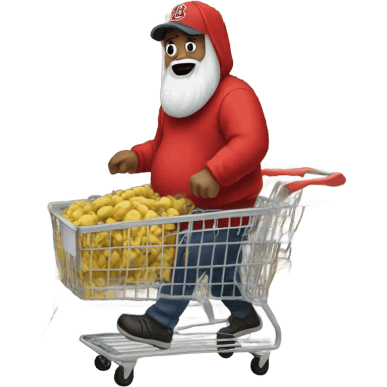 man with a beer belly and a grey beard who's wearing a red sox hoodie in a store pushing shopping cart  emoji