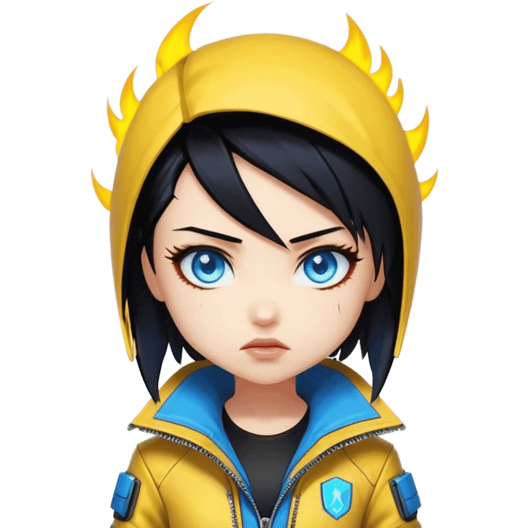 Black hair cyberpunk 2077 chibi girl with blazing blue eyes and yellow jacket from the animation show cyberpunk edge runners. All emotion reactions emoji