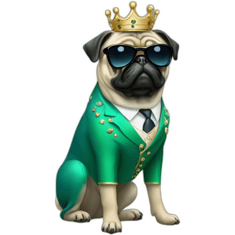 dog pug-in-gradient-green-blue-suit-with-and-black-sunglasses-standing-with-black-shoes with crown emoji