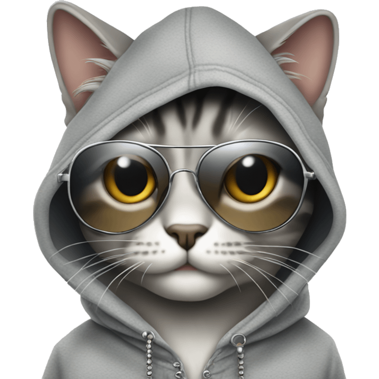 Grey tabby cat wearing hoodie, sunglasses and chain necklace emoji